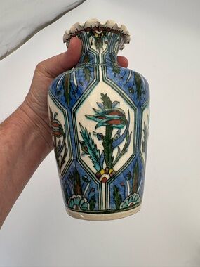 Vintage Turkish Hand-Painted Blue Floral Ceramic Vase